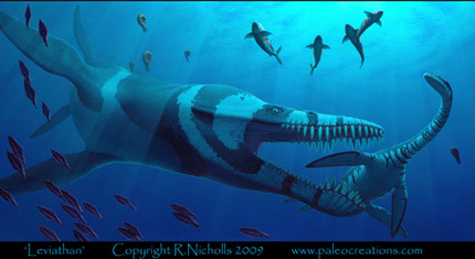 Pliosaur and sharks in water