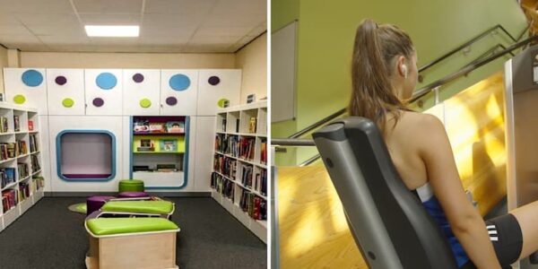 The children's library and a woman working out at Winterton gym and library