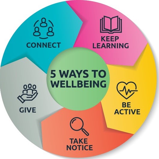 circle split into segments containing the 5 ways to wellbeing including be active, take notice, give, connect and keep learning