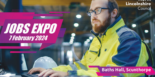 A graphic advertising the Jobs Expo showing a man in high vis working at a keyboard