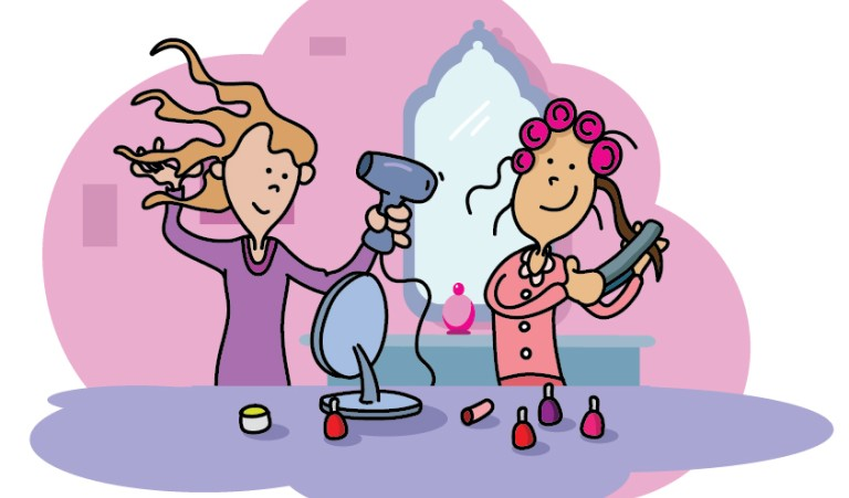 Graphic of 2 girls styling their hair in their bedroom