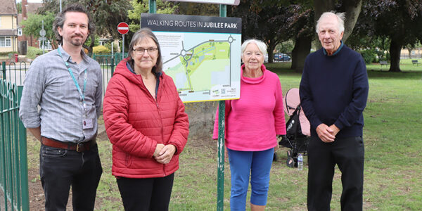 Group picture with the walking map, including Cllr Patterson and Cllr Rose.