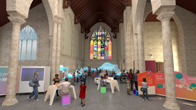 Artists impression of the Discover exhibition with families enjoying the interactive displays