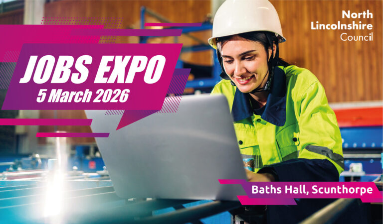 Graphic featuring a woman in high vis and a hard hat at a laptop, advertising the Jobs Expo on March 5