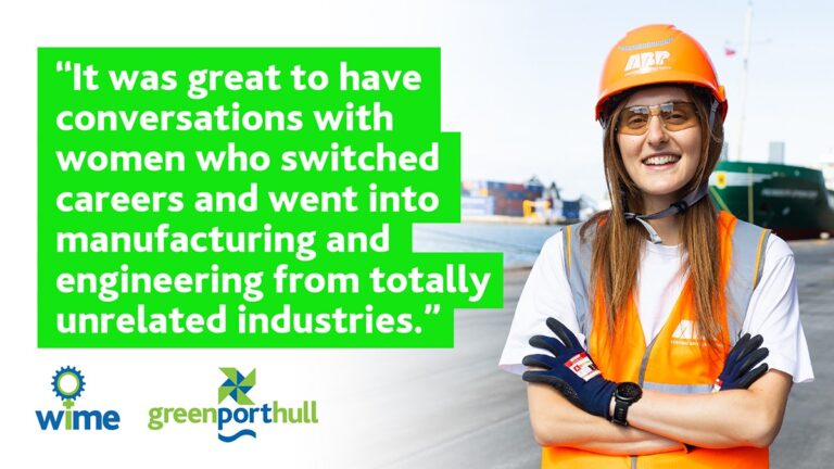 Advert for the WiME event featuring a young woman in a hard hat with folded arms