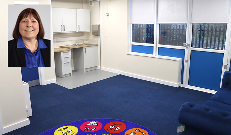 An empty classroom for SEND pupils and an inset picture of Cllr Julie Reed