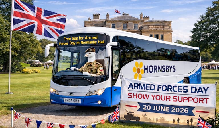 AI imag eof a white peacock in uniform driving a Hornsbys bus outside Normanby Hall for Armed Forces day